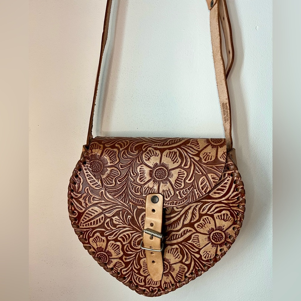 Heart Shaped Floral Tooled Leather Crossbody Bag